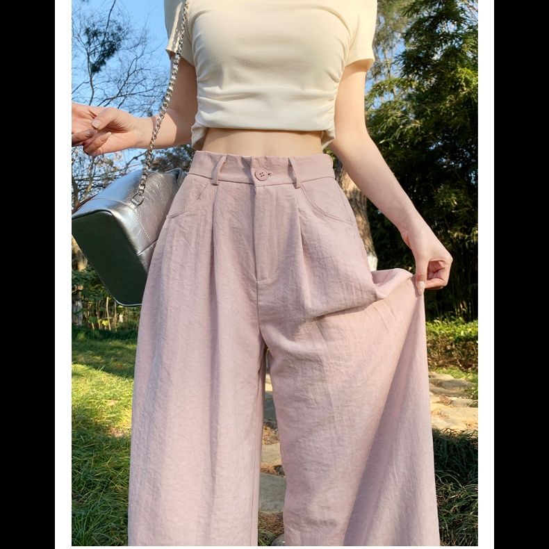 ストレートパンツ 麻混ワイドストレートスラックス
