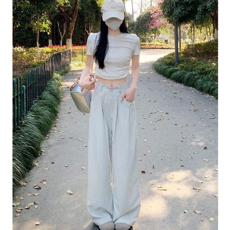 ストレートパンツ 麻混ワイドストレートスラックス