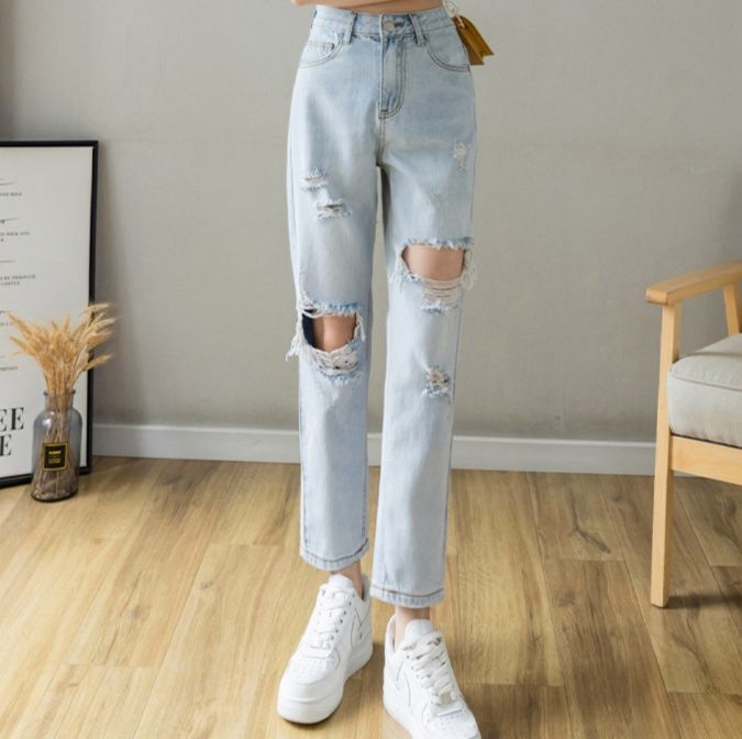 ストレートパンツ ヴィンテージ風ダメージ加工ストレートデニム