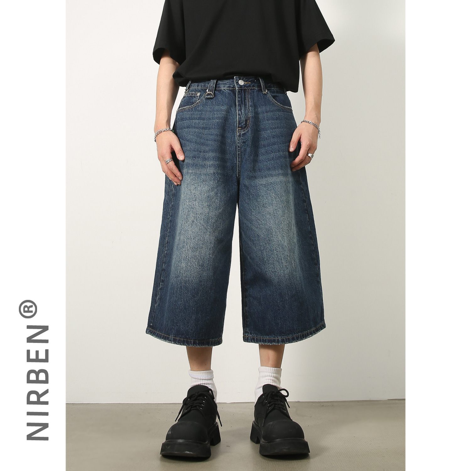 ストレートパンツ ワイドシルエット七分丈デニム