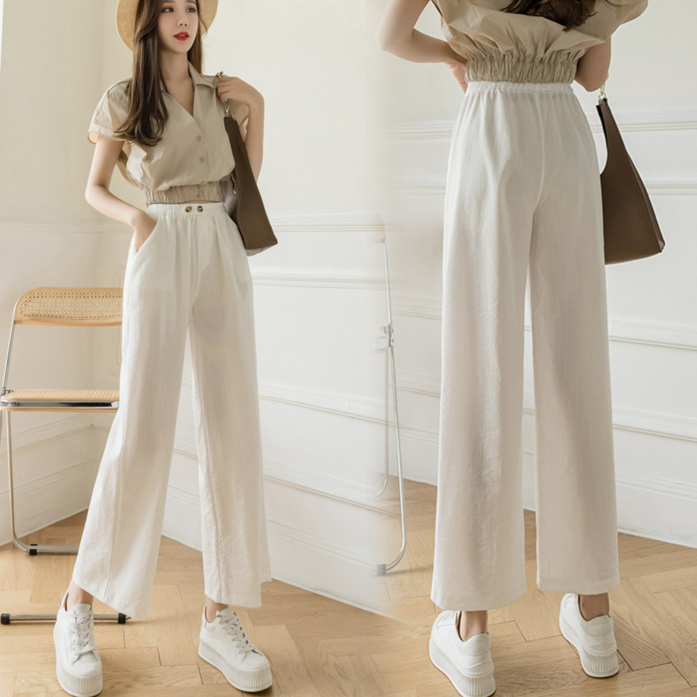 ストレートパンツ 綿麻ワイドパンツ レディース ボトムス 九分丈