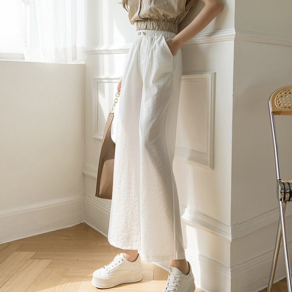 ストレートパンツ 綿麻ワイドパンツ レディース ボトムス 九分丈