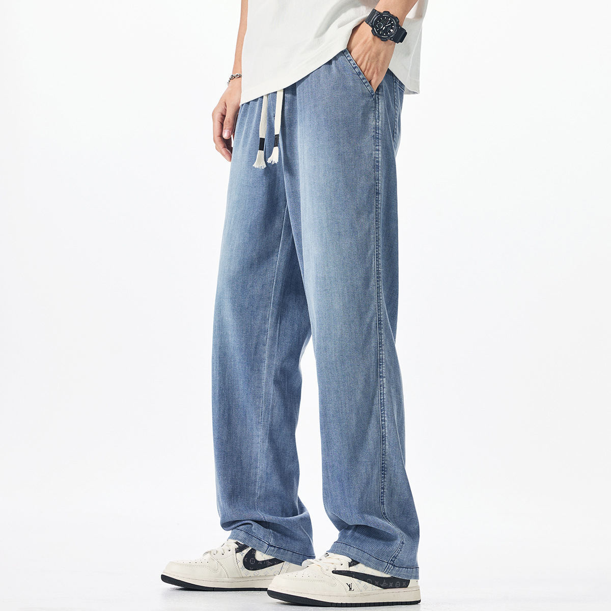 ストレートパンツ 紐飾り楽ちんストレートデニム