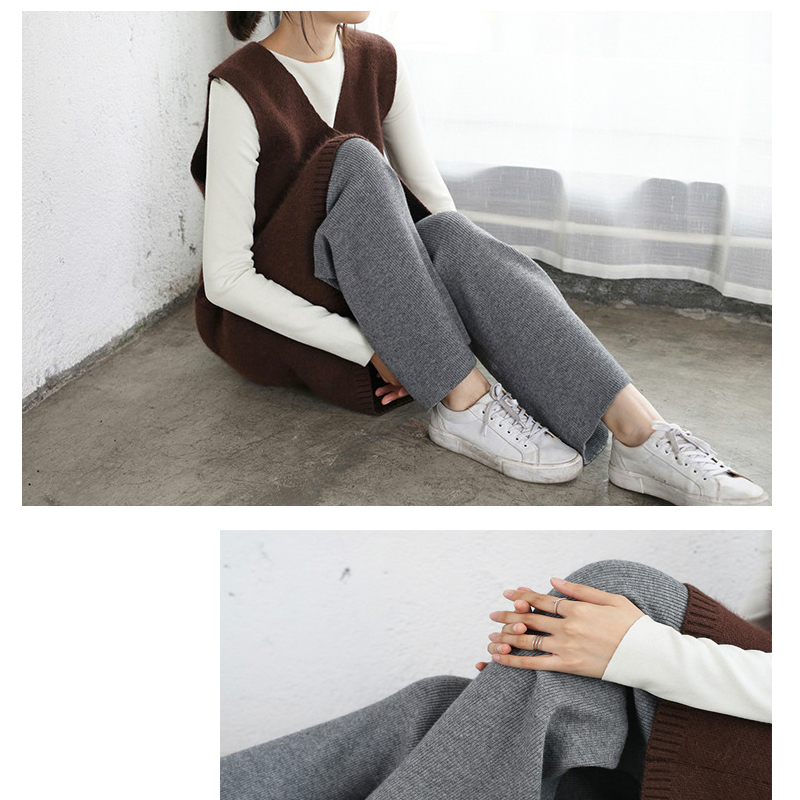 ストレートパンツ リブワイドニットパンツ 大人かわいい暖かい楽ちん