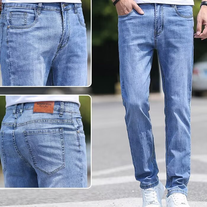 ストレートパンツ 涼感シルキー素材ストレートデニムパンツ