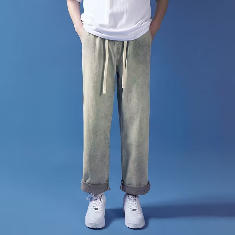 ストレートパンツ ワイドシルエット紐付きデニムパンツ