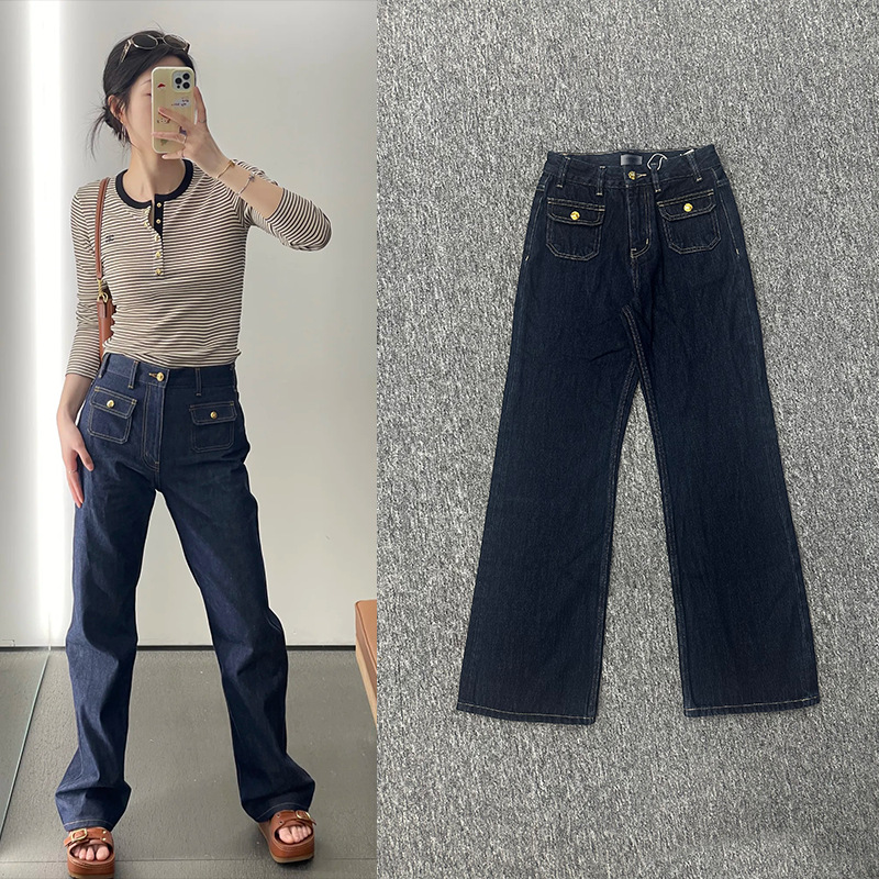 ストレートパンツ デザインポケット付き高腰ストレートデニムパンツ