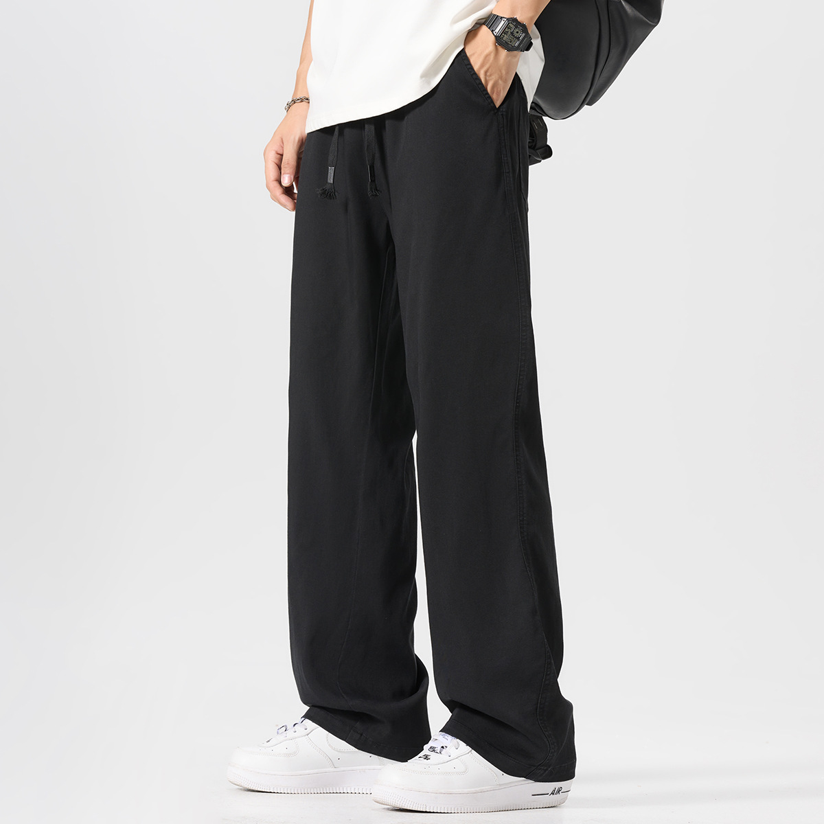 ストレートパンツ 紐飾り楽ちんストレートデニム