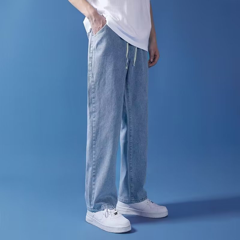 ストレートパンツ ワイドシルエット紐付きデニムパンツ