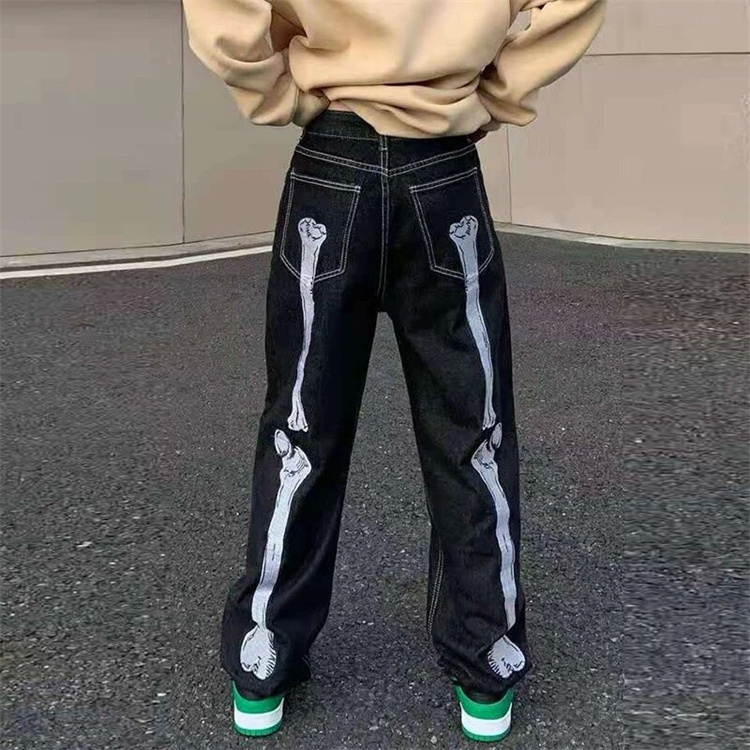 骨格刺繍ダークデニム メンズストレートパンツ
