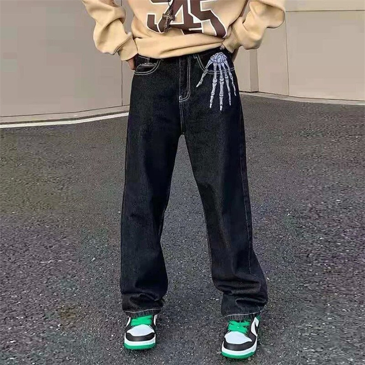 骨格刺繍ダークデニム メンズストレートパンツ