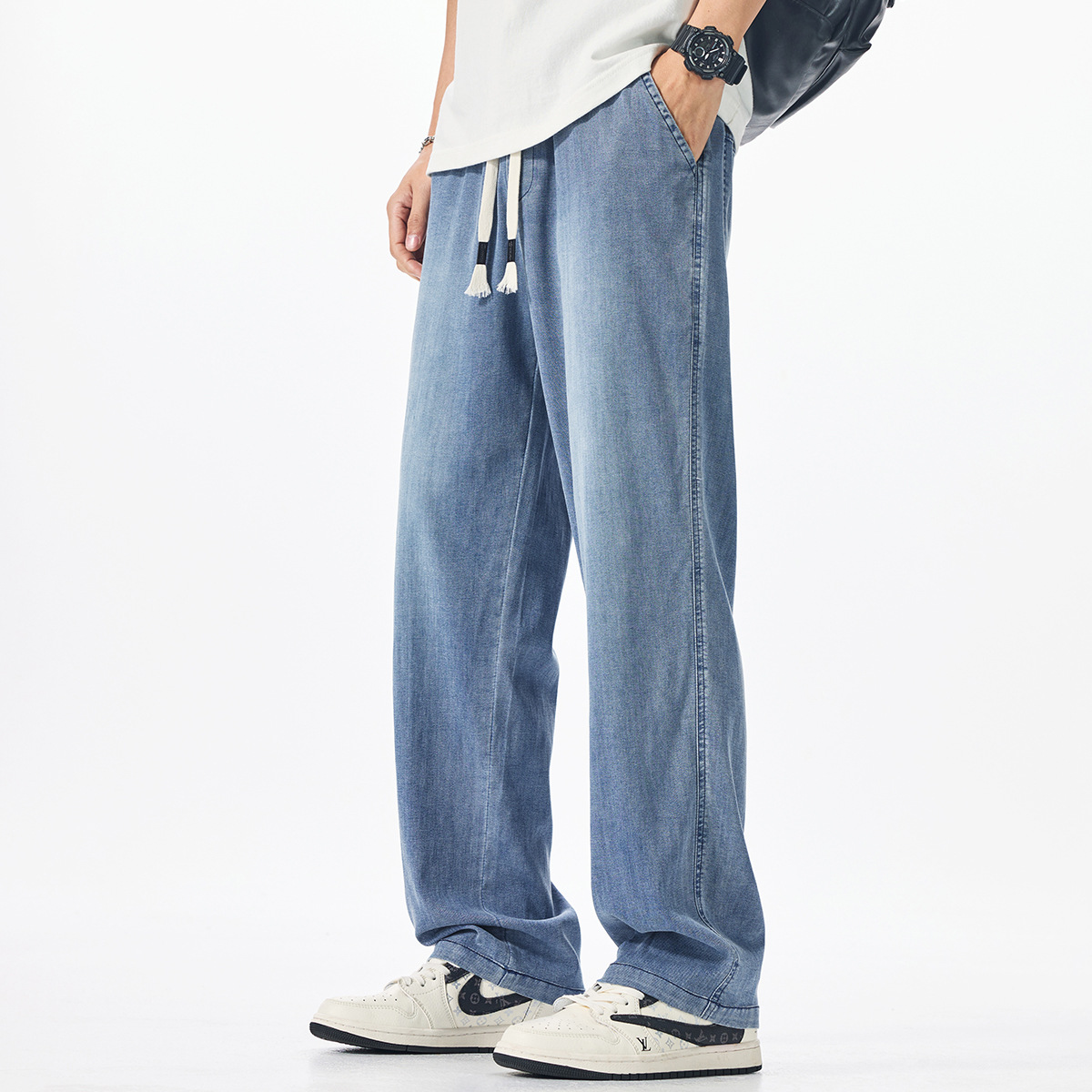 ストレートパンツ 紐飾り楽ちんストレートデニム