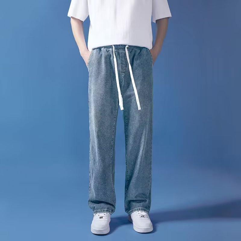 ストレートパンツ ワイドシルエット紐付きデニムパンツ