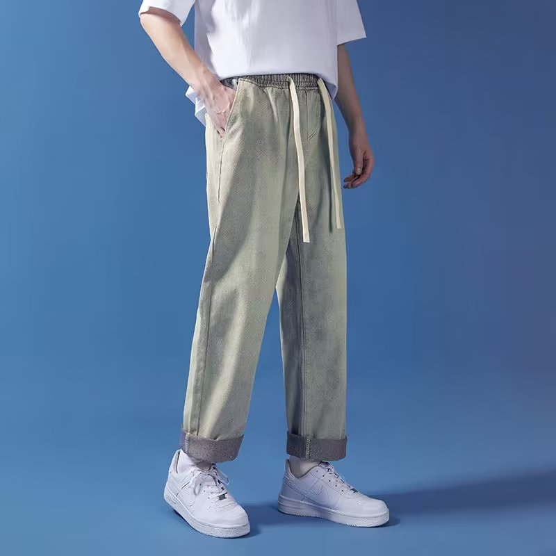 ストレートパンツ ワイドシルエット紐付きデニムパンツ