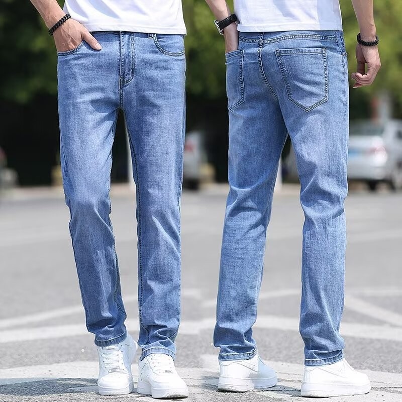 ストレートパンツ 涼感シルキー素材ストレートデニムパンツ