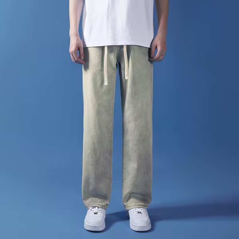 ストレートパンツ ワイドシルエット紐付きデニムパンツ