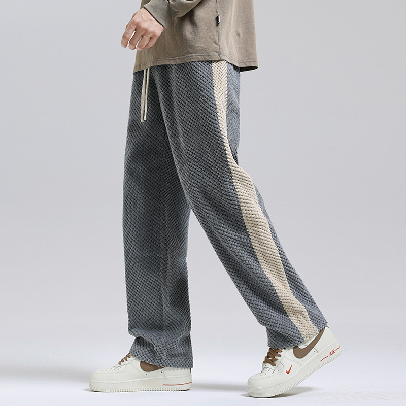 ストレートパンツ サイドライン入り凹凸ジャージーパンツ