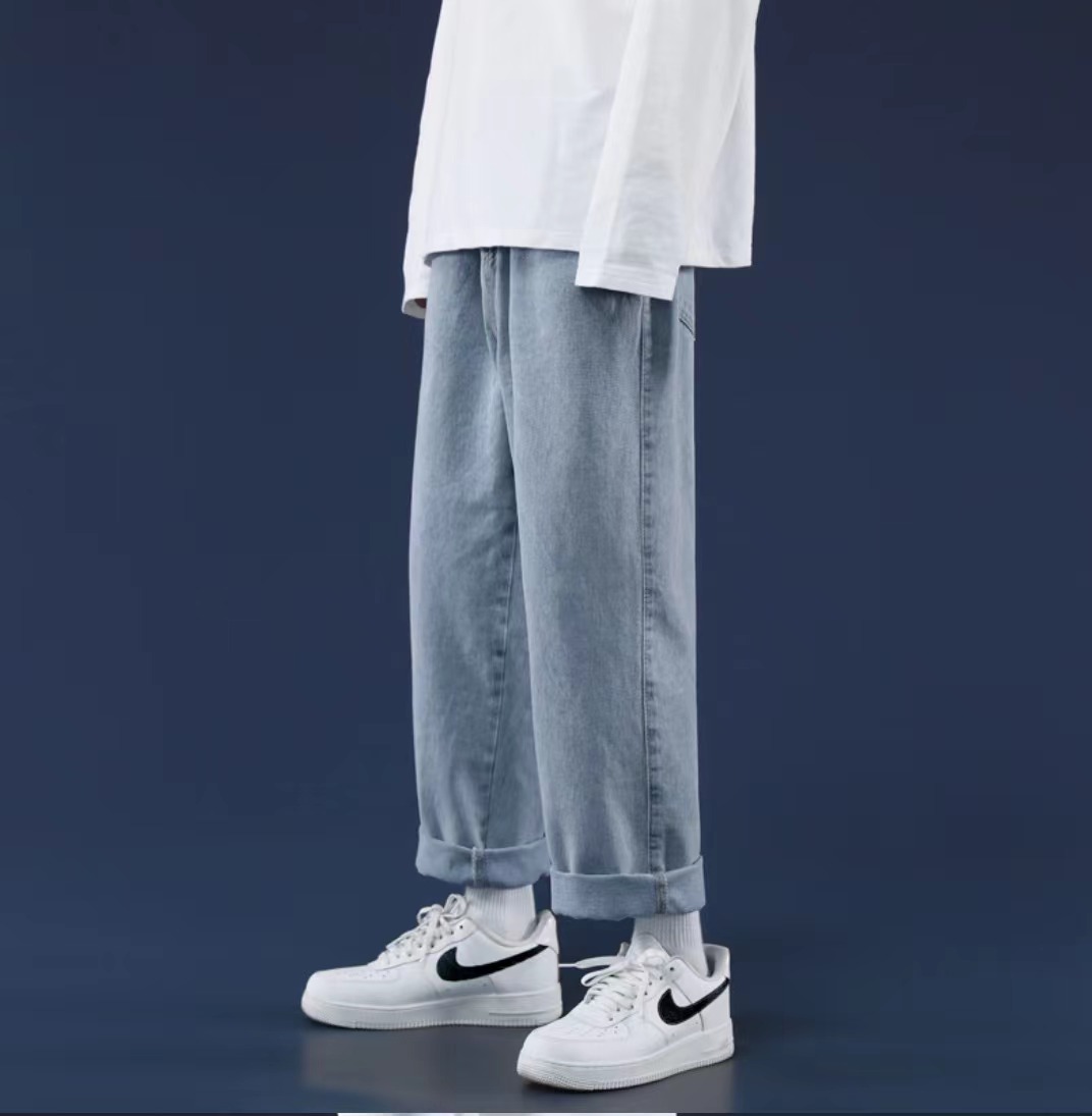 ストレートパンツ シンプルユニセックスワイドデニムパンツ