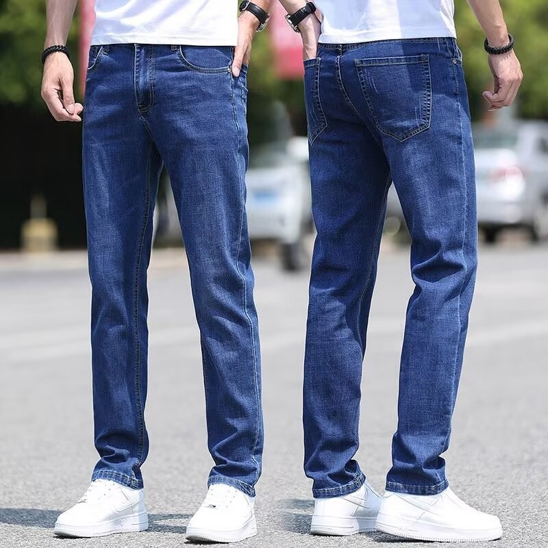 ストレートパンツ 涼感シルキー素材ストレートデニムパンツ
