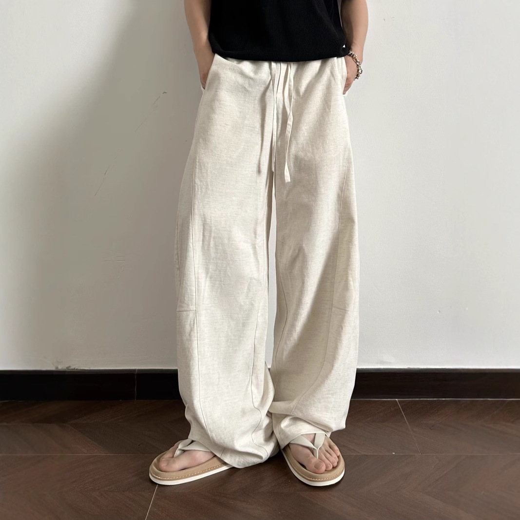 ストレートパンツ 風合い豊かな麻混ゆったりカーゴパンツ