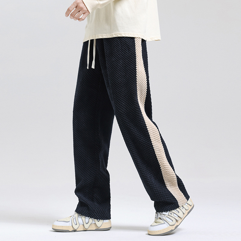 ストレートパンツ サイドライン入り凹凸ジャージーパンツ