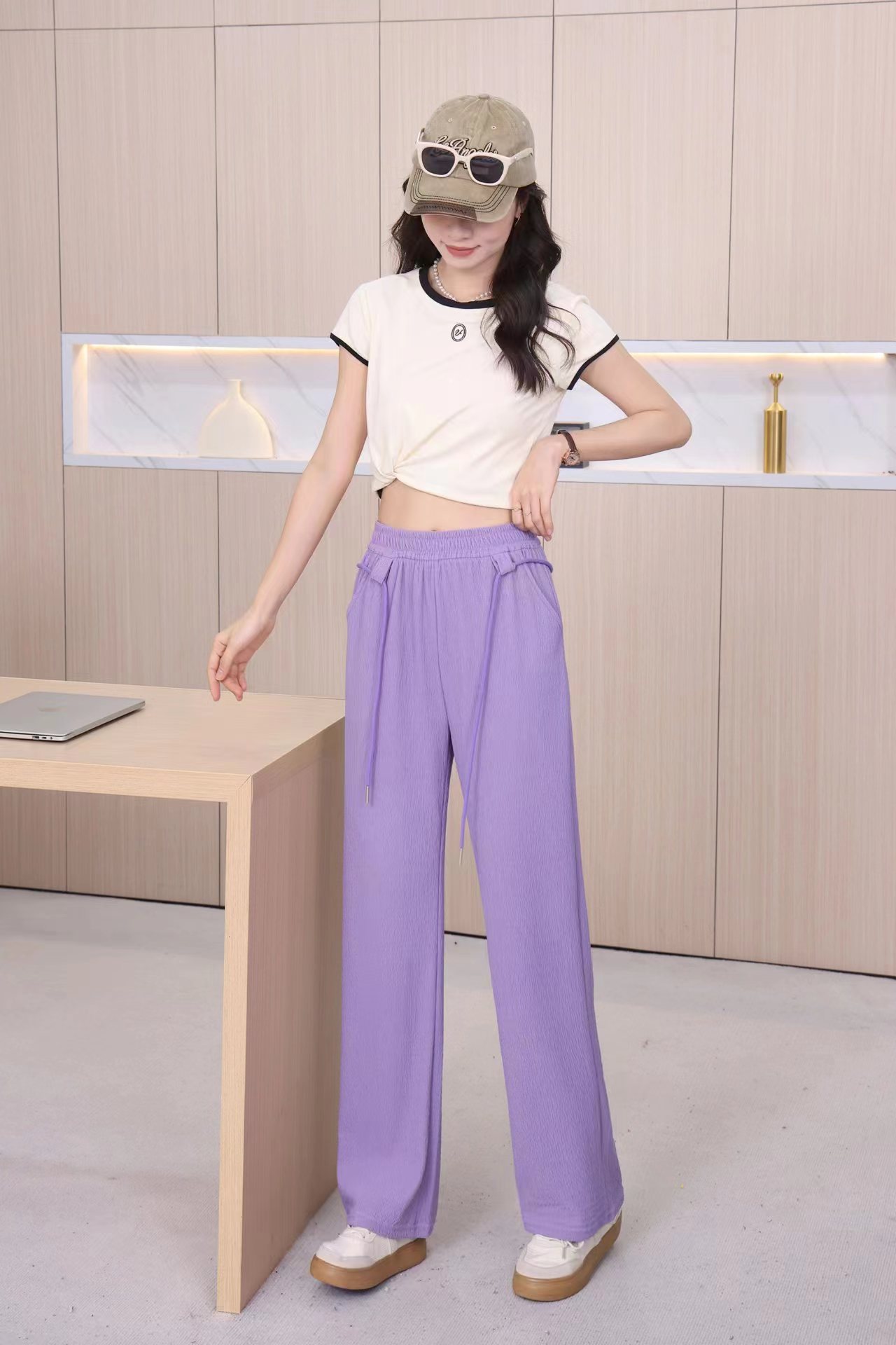 接触冷感ストレートパンツ ゴムウエスト レディース