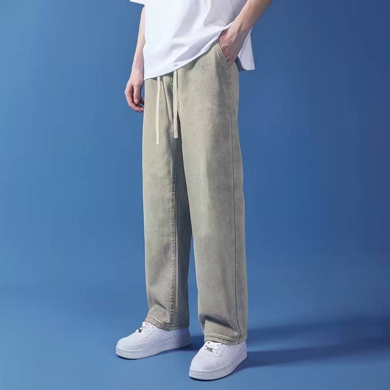ストレートパンツ ワイドシルエット紐付きデニムパンツ