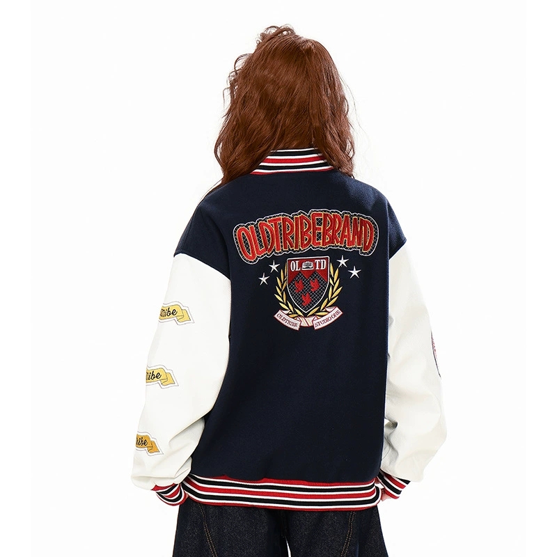 刺繍ワッペン付きスタジャン 男女兼用 紺白 秋冬新作