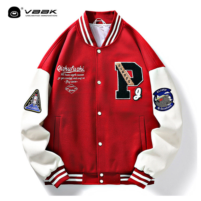 スタジャン 刺繍ワッペン付きカレッジ風赤スタジアムジャンパー