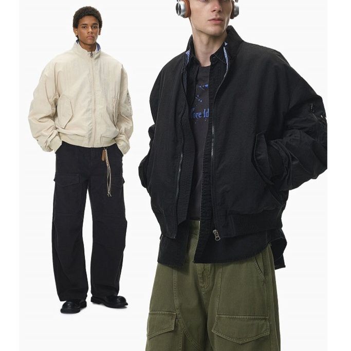 メンズ ショート丈 フライトジャケット スタンドカラー チェック切り替え スタジャン 青