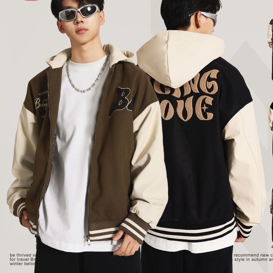 男女兼用刺繍入りフード付きスタジャン秋冬新作ブラウン