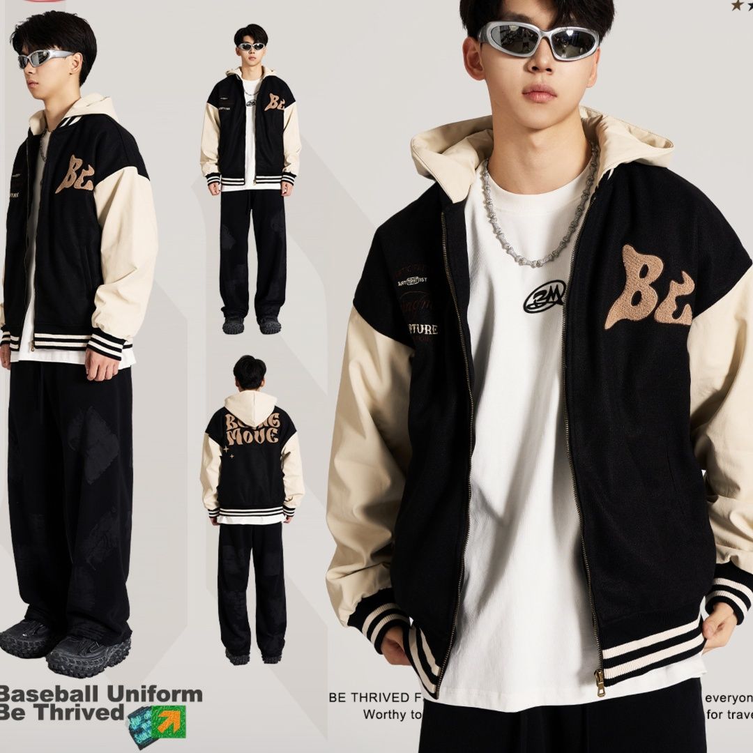 男女兼用刺繍入りフード付きスタジャン秋冬新作ブラウン