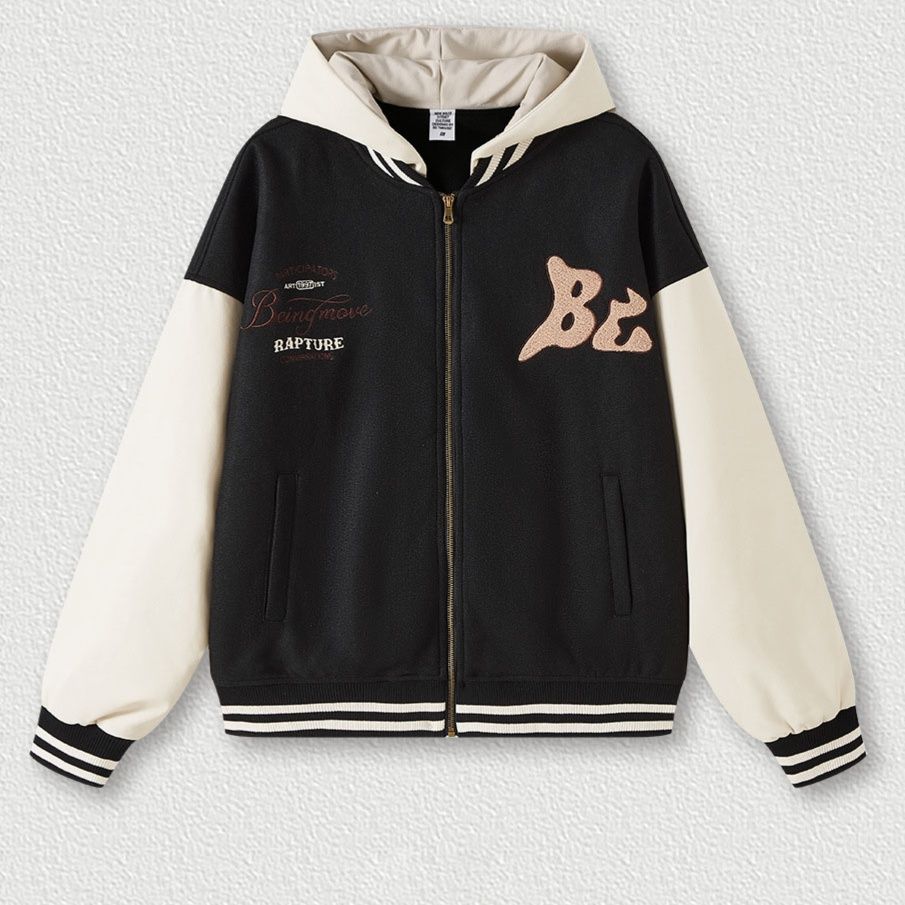 男女兼用刺繍入りフード付きスタジャン秋冬新作ブラウン