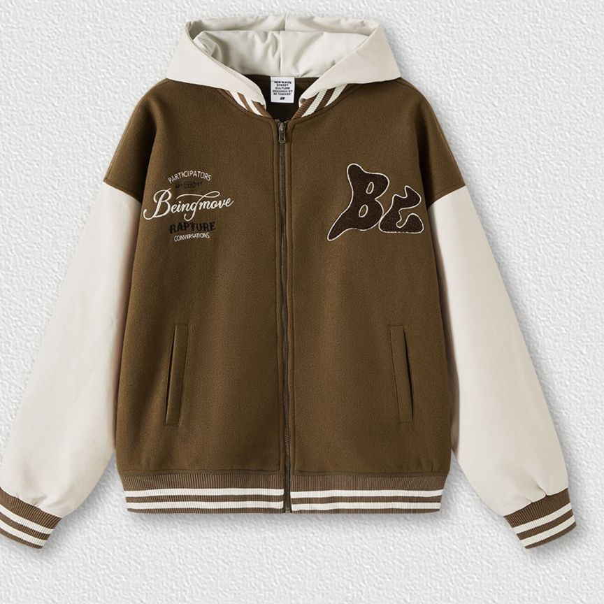 男女兼用刺繍入りフード付きスタジャン秋冬新作ブラウン