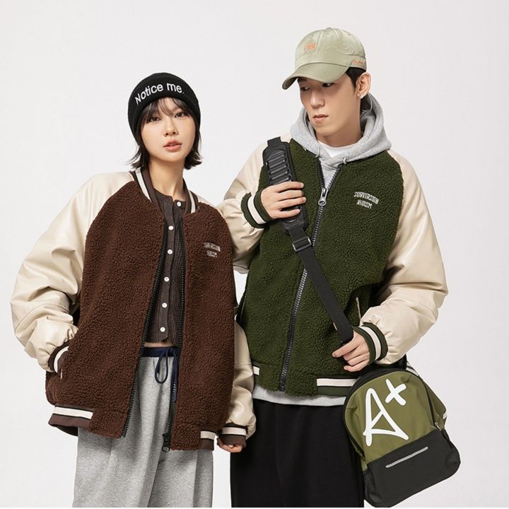 男女兼用 ボア素材 スタジャン 刺繍入り 秋冬 全2色 グリーン