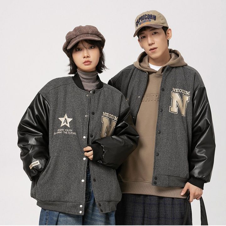 男女兼用刺繍入り合皮袖スタジャン秋冬新作　グレー