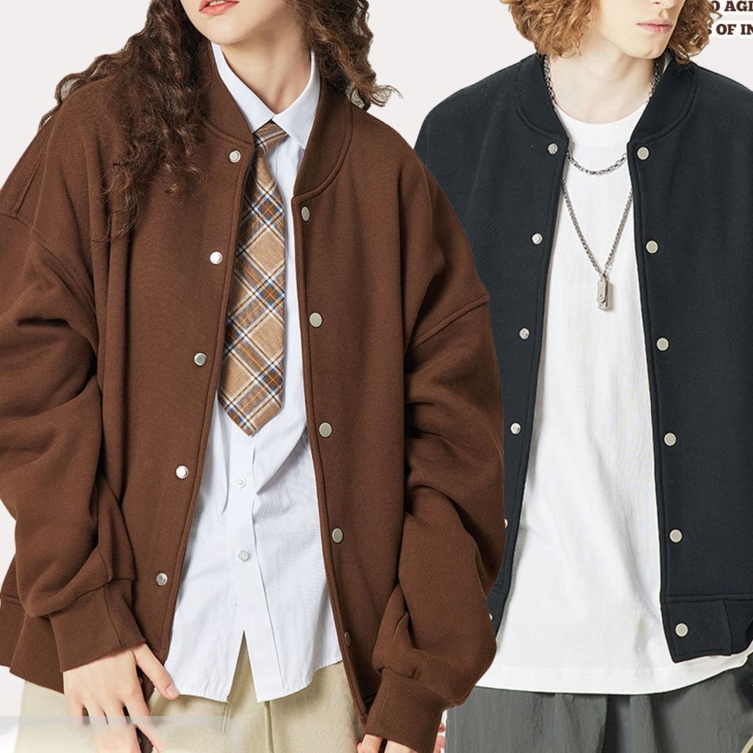 男女兼用 無地 スタジャン ゆったり ベースボールジャケット 秋冬 茶色