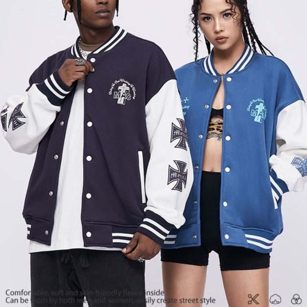 男女兼用スタジャン刺繍デザイン袖ライン全３色 ブルー