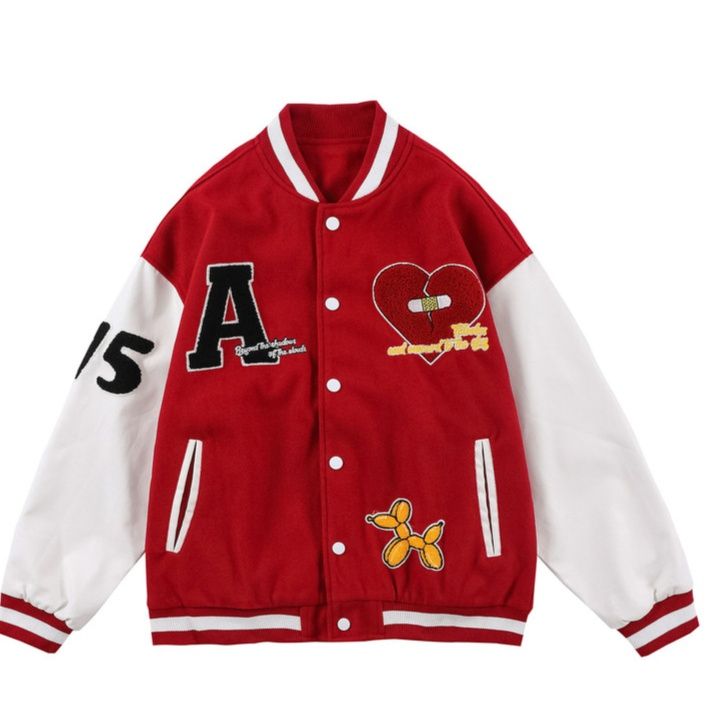 スタジャン赤 個性派刺繍ワッペン付き配色袖