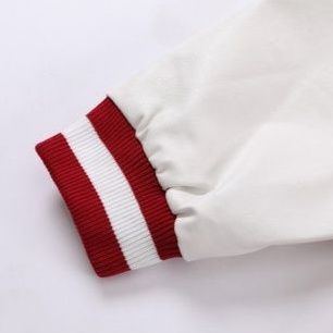 スタジャン赤 個性派刺繍ワッペン付き配色袖