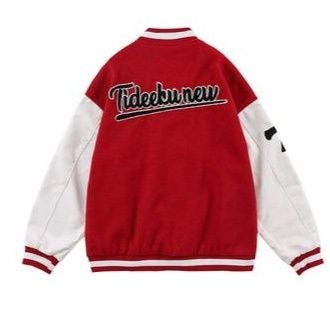 スタジャン赤 個性派刺繍ワッペン付き配色袖