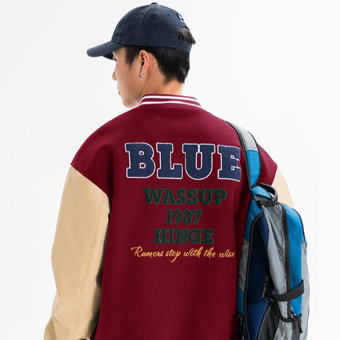 スタジャン赤 虎刺繍入り配色袖切替スタジアムジャンパー