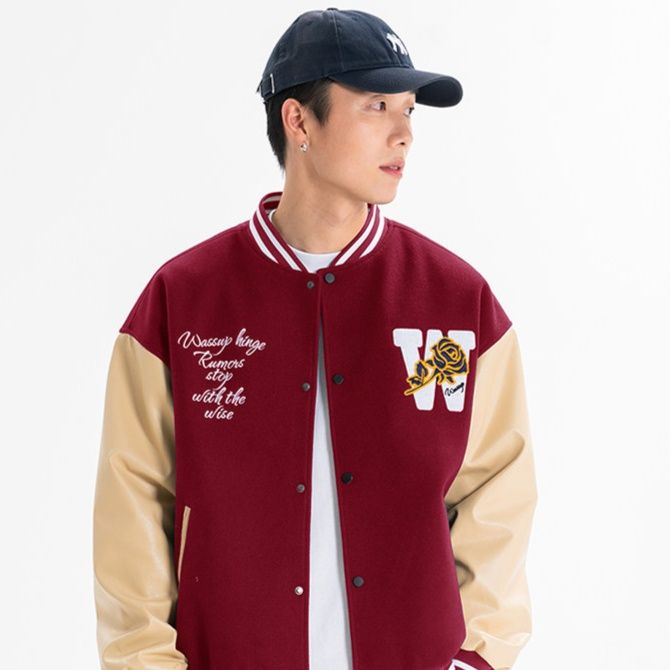 スタジャン赤 虎刺繍入り配色袖切替スタジアムジャンパー