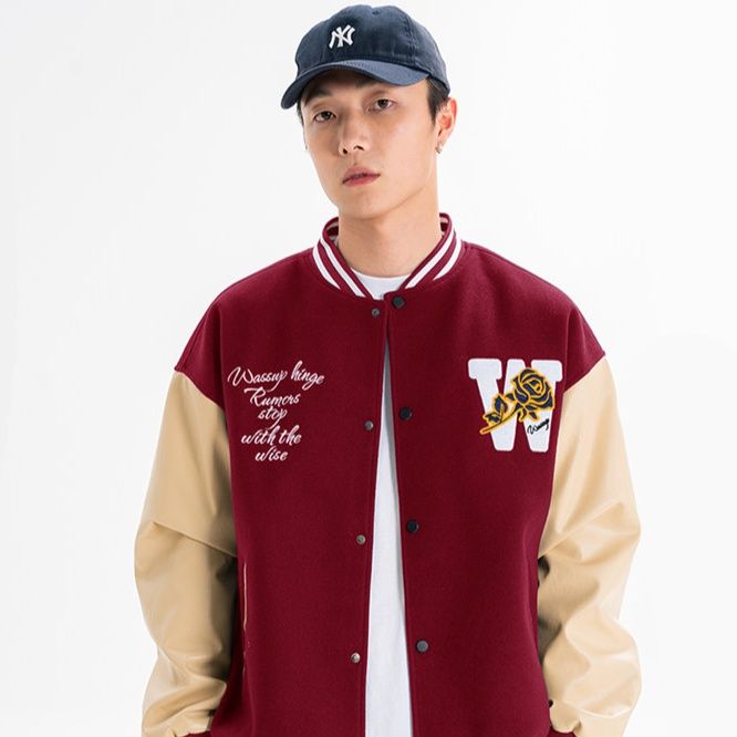 スタジャン赤 虎刺繍入り配色袖切替スタジアムジャンパー