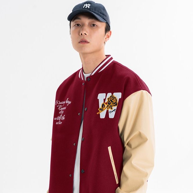 スタジャン赤 虎刺繍入り配色袖切替スタジアムジャンパー