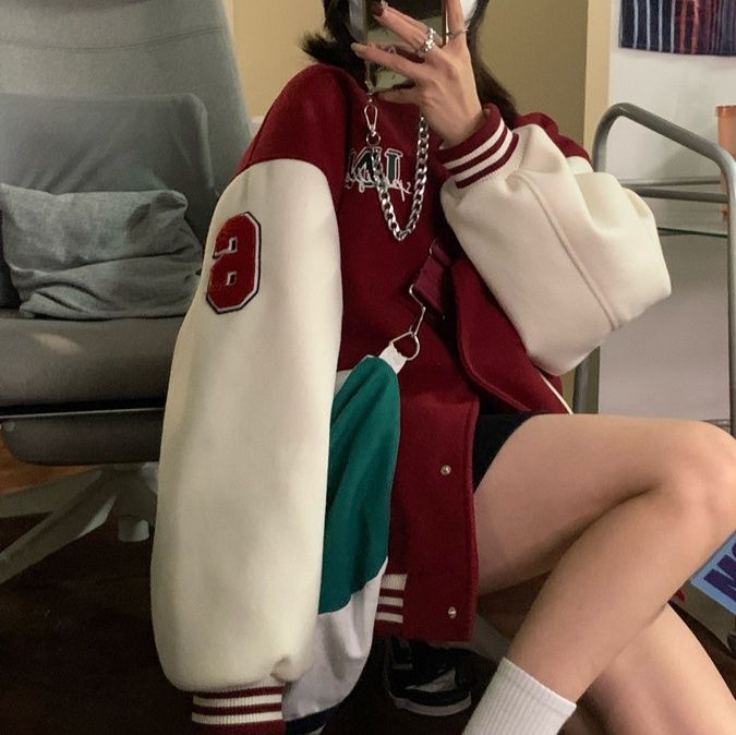 スタジャン赤 カレッジ風刺繍入りバイカラー袖