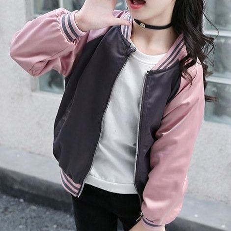 女の子用ピンク配色スタジャン キッズジュニア春秋長袖