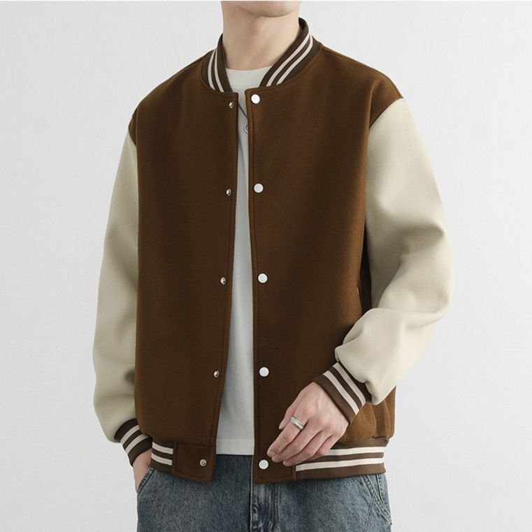 スタジャン 配色切替袖茶色ベーススタジアムジャンパー