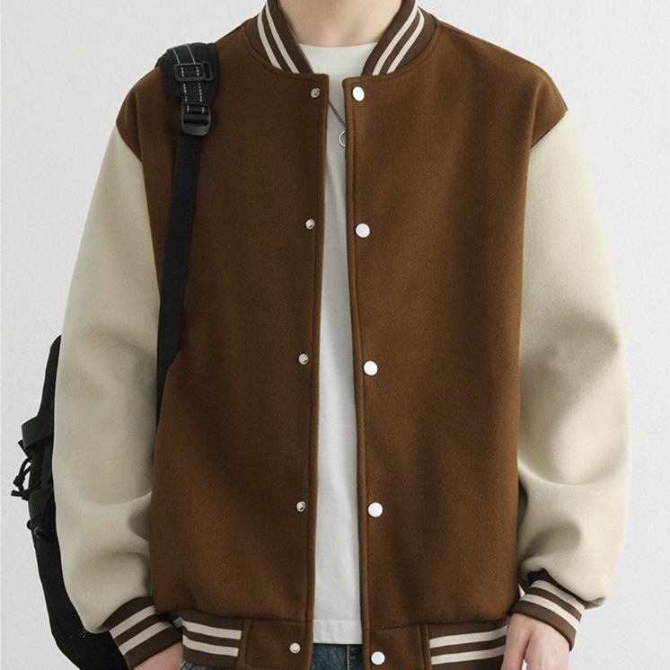 スタジャン 配色切替袖茶色ベーススタジアムジャンパー