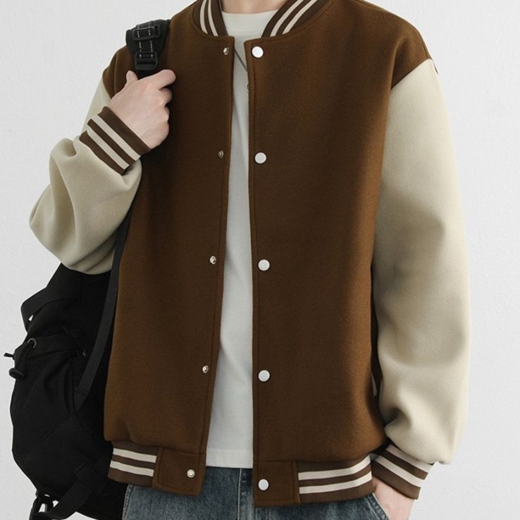 スタジャン 配色切替袖茶色ベーススタジアムジャンパー